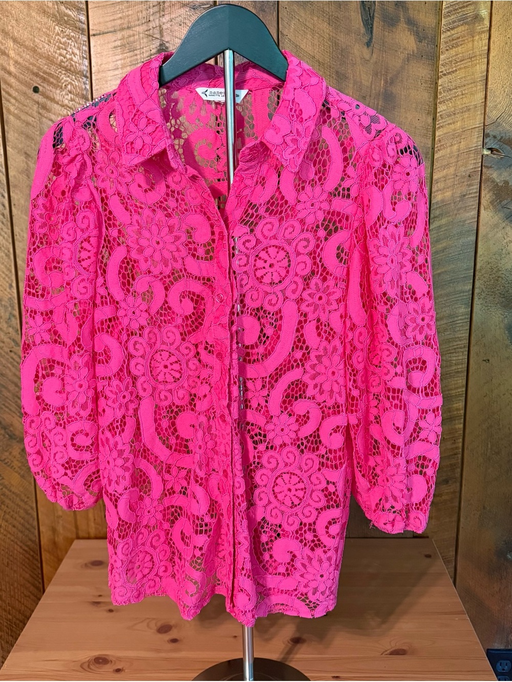 Nanette Lepore Rose Pink Semi Sheer Floral Lace Collared Top Boho M